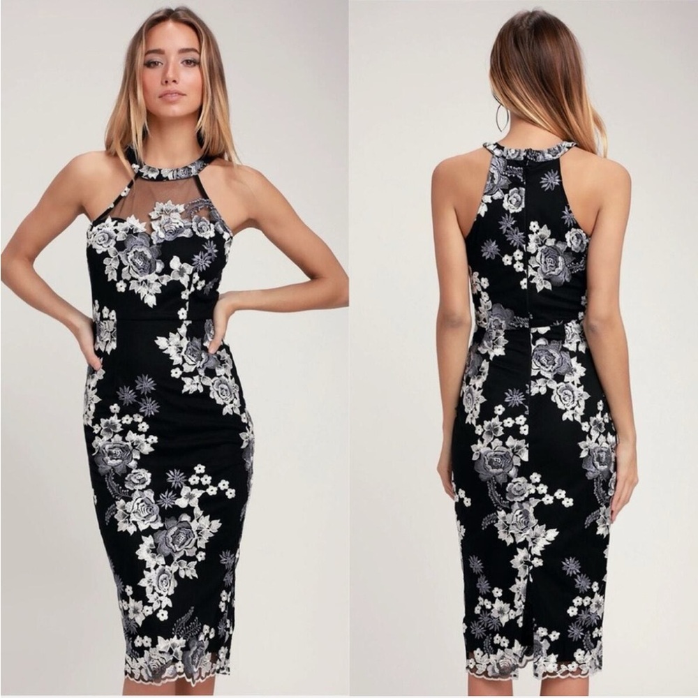 Lulu’s Mood and a Moment Black Floral Embroidered Midi Dress - XS